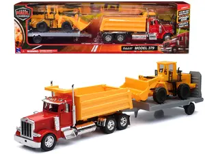 Peterbilt 379 Dump Truck Red and Wheel Loader Yellow w/Flatbed Trailer "Long Haul Truckers" Series 1/32 Diecast Model by New Ray