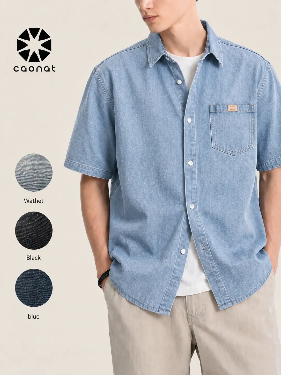 Denim Shirt for Men, Vintage Light-Wash Relaxed Fit Short-Sleeve Button-Down Casual Streetwear Top, Mens Clothing, Plain, Vintage Shirts, Light-Wash Denim Short-Sleeve Casual Shirts