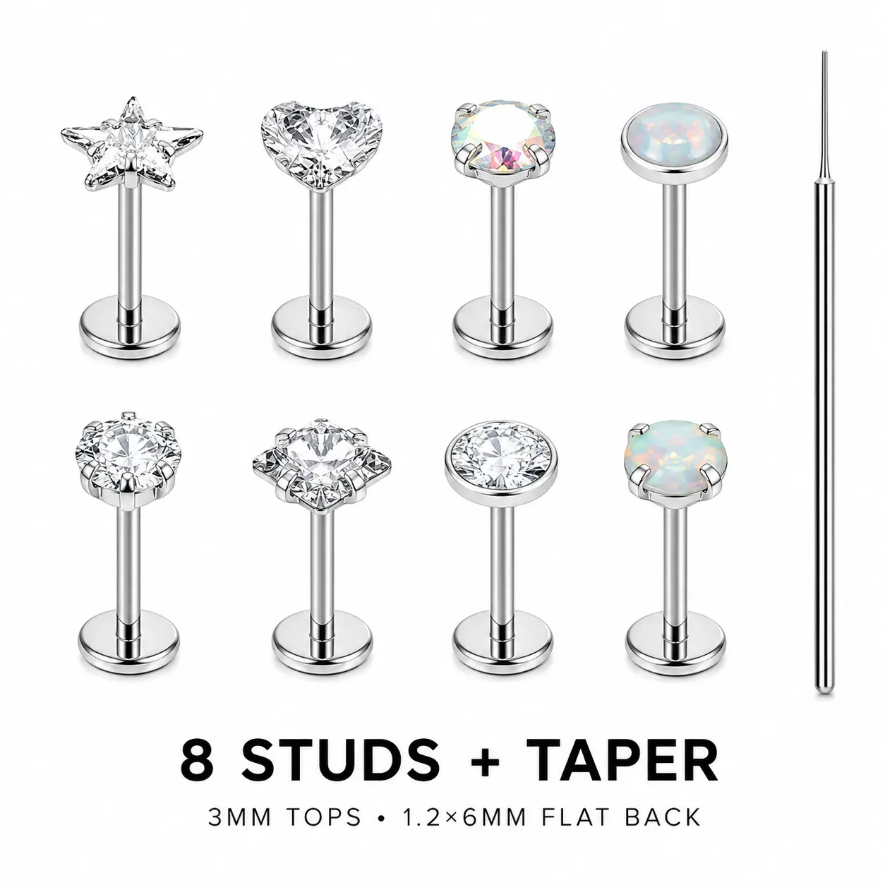 NOVA 8Pcs Curated Ear Piercing Set: Flat Back Studs with CZ, Opal, Star & Heart + Insertion Taper (Hypoallergenic Cartilage, Helix, Tragus & Lobe Jewelry)
