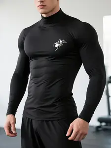 Men's Spider Print Compression Sports Shirt, Compression Sports Top, Fitness Training Muscle Fit Performance Tee, Athletic Shirt, Gym Running Cycling Outdoor Sportwear