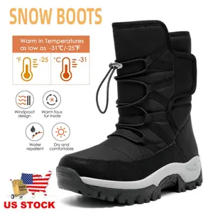 Men Insulated Waterproof Snow Boots Warm Fur Outdoor Winter Shoes Black Size US