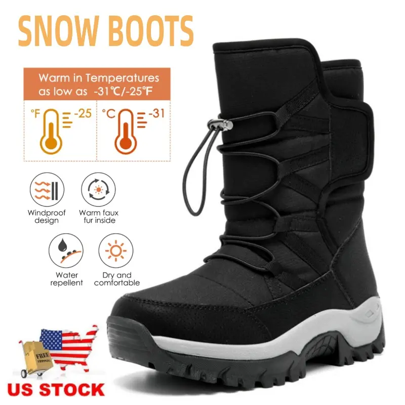 Men Insulated Waterproof Snow Boots Warm Fur Outdoor Winter Shoes Black Size US