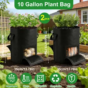 2 Windows Potato Grow Bag 10 Gallon, Heavy Duty Breathable Fabric Plant Container with Easy Harvest Flap for Vegetables, Potato, Tomato Gardening outdoorfun