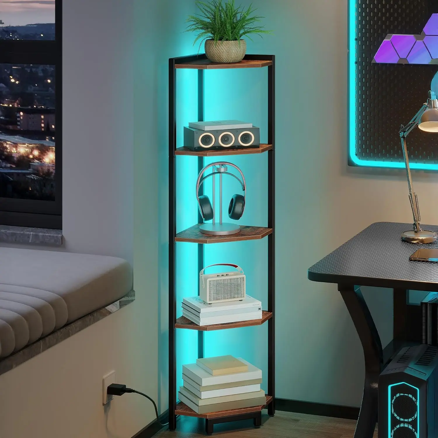 Corner Shelf with LED Light, 5-Tier Corner Bookshelf, Tall Narrow Display Bookcase with Metal Frame, Standing Shelf for Small Space, Living Room,  Office, Bedroom, Rustic Brown CS66501B