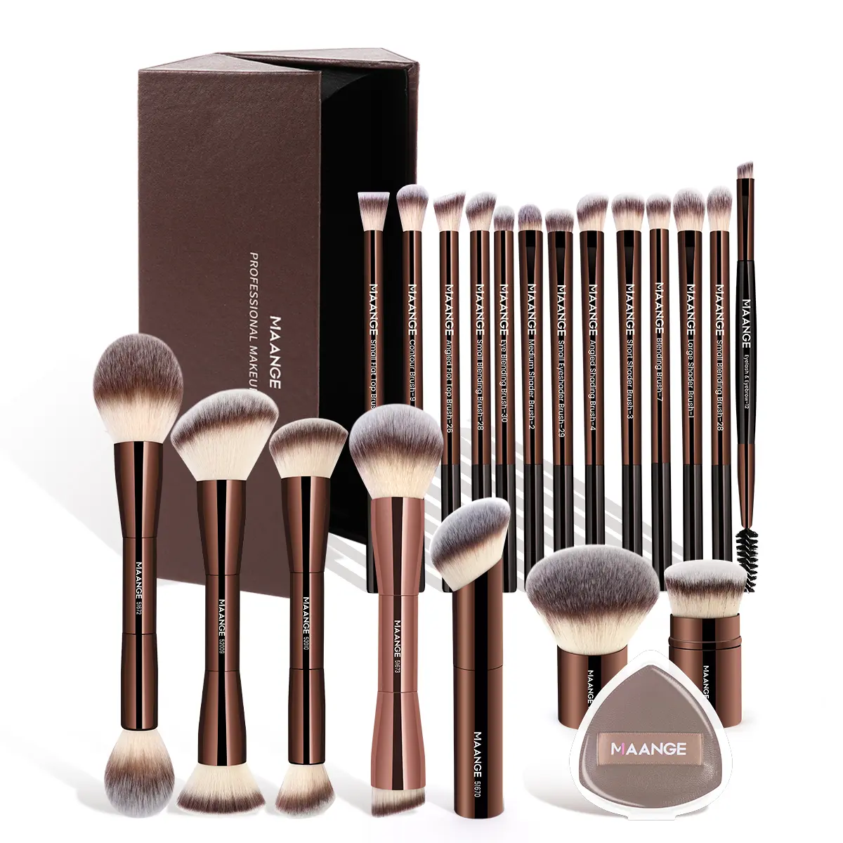 MAANGE Professional Makeup Brush & Puff Set with Storage Box 20pcs Brushes 1 Count Puff 1 Count Case Coffee Brown Beauty Tools, Brush Combo, Face Makeup Brushes