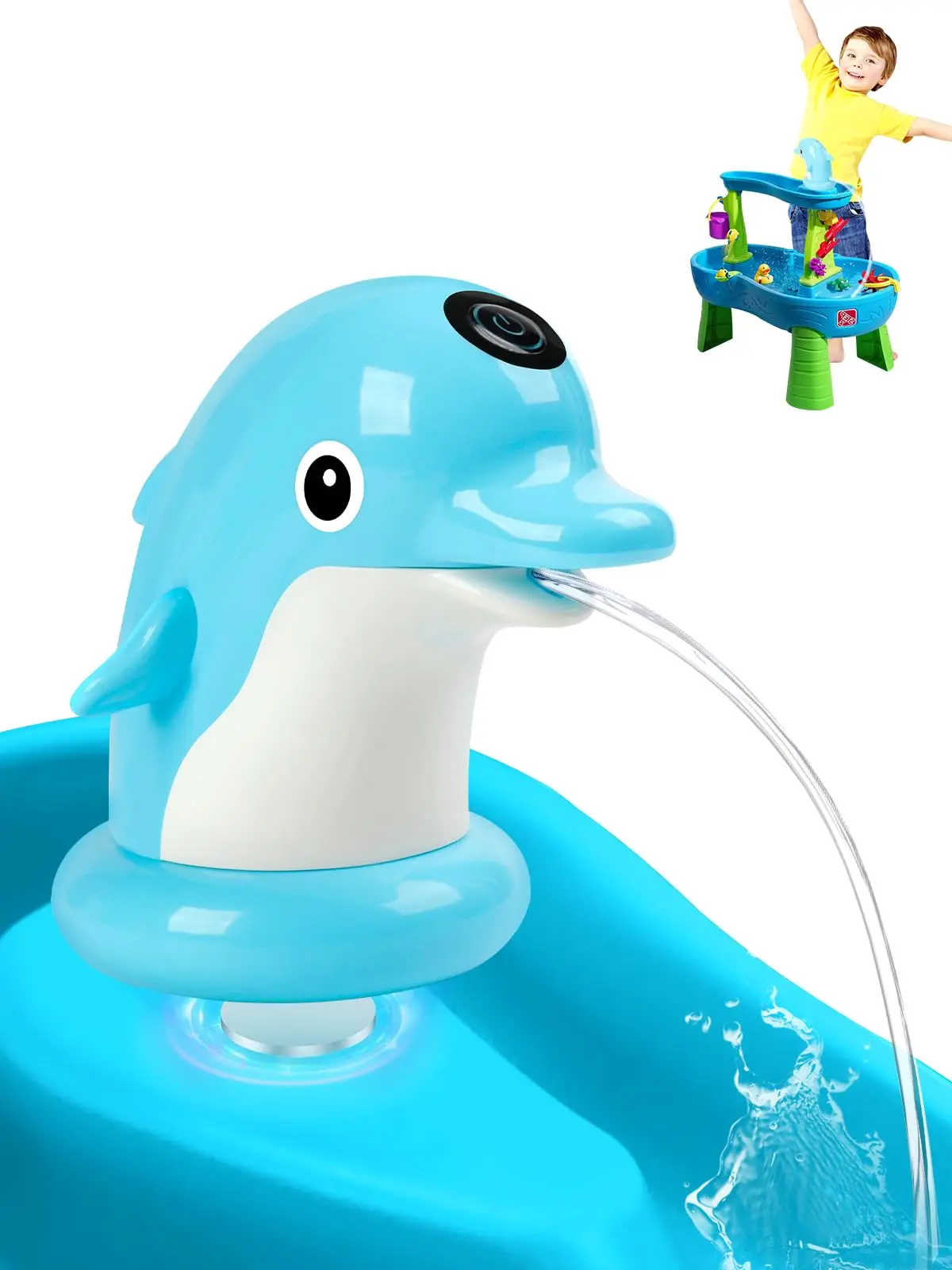 Rechargeable Dolphin Water Table Pump (Pump Only) - Magnetic Anchor Steel Base, No Drill, 3h Runtime, 3 Hours Active Play, Batteries, USB-C Charge, Stone Filter, Step2 Compatible Blue Outdoor Play Accessory for 3 to 12 Year Olds’ Water & Sand Playtables,