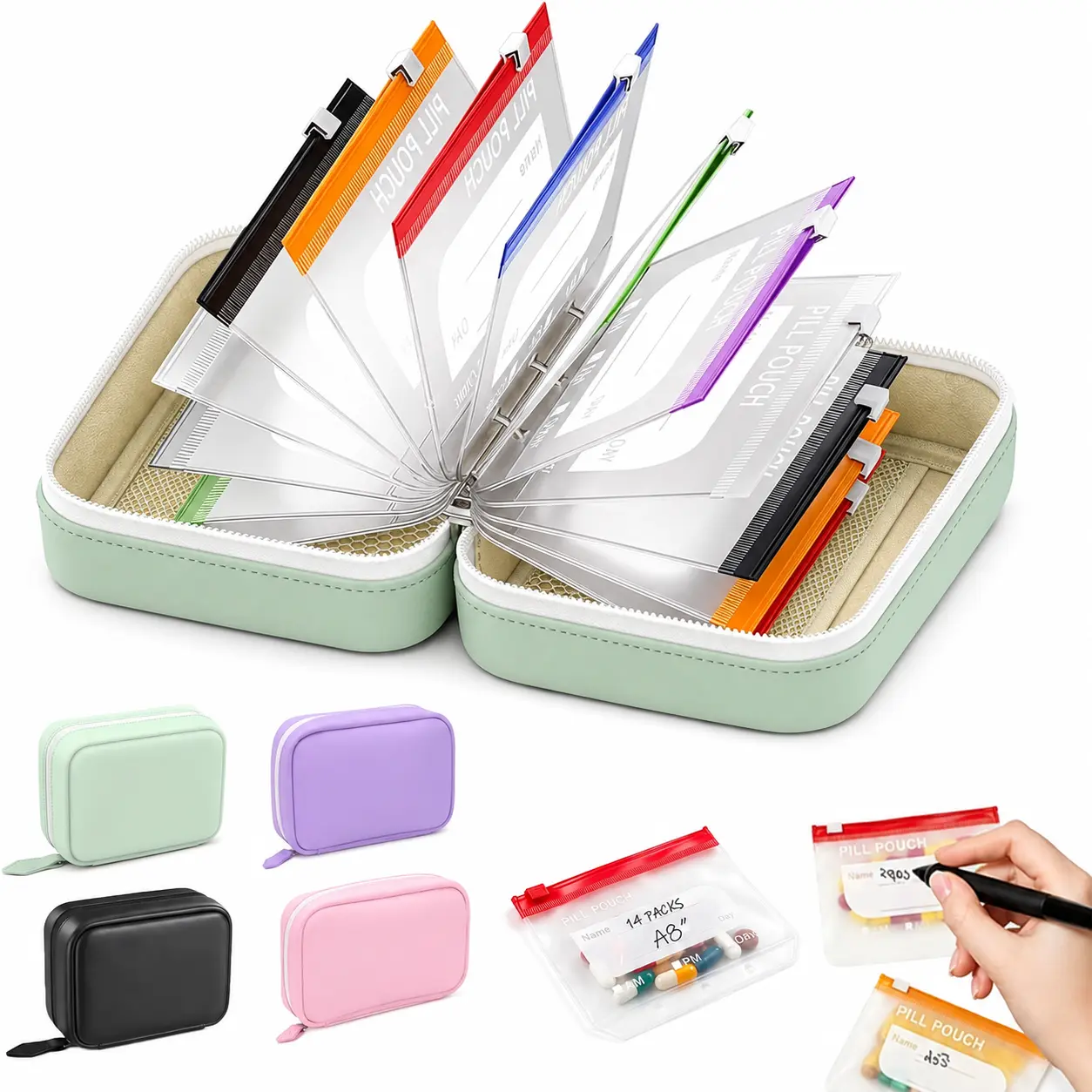 Waterproof Pill Pouch Set, 14pcs Bags Inside, A8 Waterproof Pill Organizer Set, 7 to 14 Days of Meds,Zippered Pill Storage for Fish Oils, Vitamins, Reusable Pocket Pharmacy with Color-Coded Labels dealsforyou, summerwins