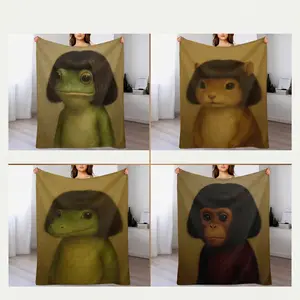 Funny "Chic Bob Haircut" Animal Portrait Throw Blanket - Ultra-Soft Flannel Fleece Couch Blanket, Quirky Vintage Aesthetic Room Decor, Anti-Static & Warm, Hilarious Novelty Gag Gift for Friends