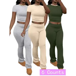 Women’s solid ribbed crop top and flare-leg pants set; casual fashion cozy round-neck top and bell-bottom trousers for daily outdoor wear; women’s clothing for spring and fall; workout sets