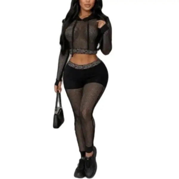 Giselle Set -2-piece fishnet hoodie and shorts set stretchy sheer mesh with built-in shorts cropped hoodie with adjustable drawstring high-waisted shorts for a flattering silhouette bold festival-ready design with an edgy streetwear