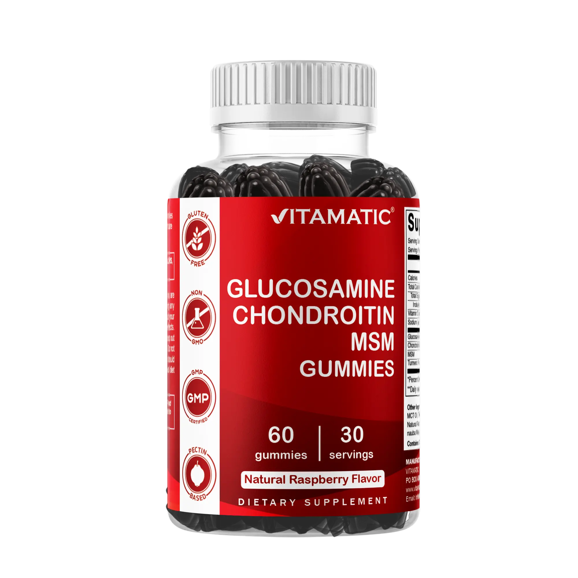 Vitamatic Chewable Glucosamine Chondroitin MSM Dietary Gummies - Natural Raspberry Flavor, 60 Count, Non-GMO, Gluten-Free, Pectin-Based, Gelatin-Free, Joint Support Supplement