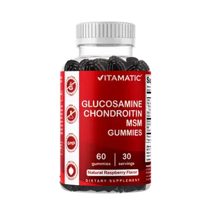 Vitamatic Glucosamine Chondroitin MSM Gummies - Natural Raspberry Flavor, 60 Gummies, Non-GMO, Gluten Free, Pectin Based, Gelatin Free, Joint Mobility Support - Healthcare