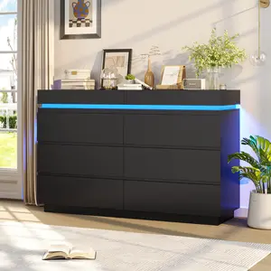 Sikaic 6 Drawer Dresser with Sliding Desktop Wide Chest of Drawers with Charging Station and LED Lights Black Dresser for Bedroom Modern Design