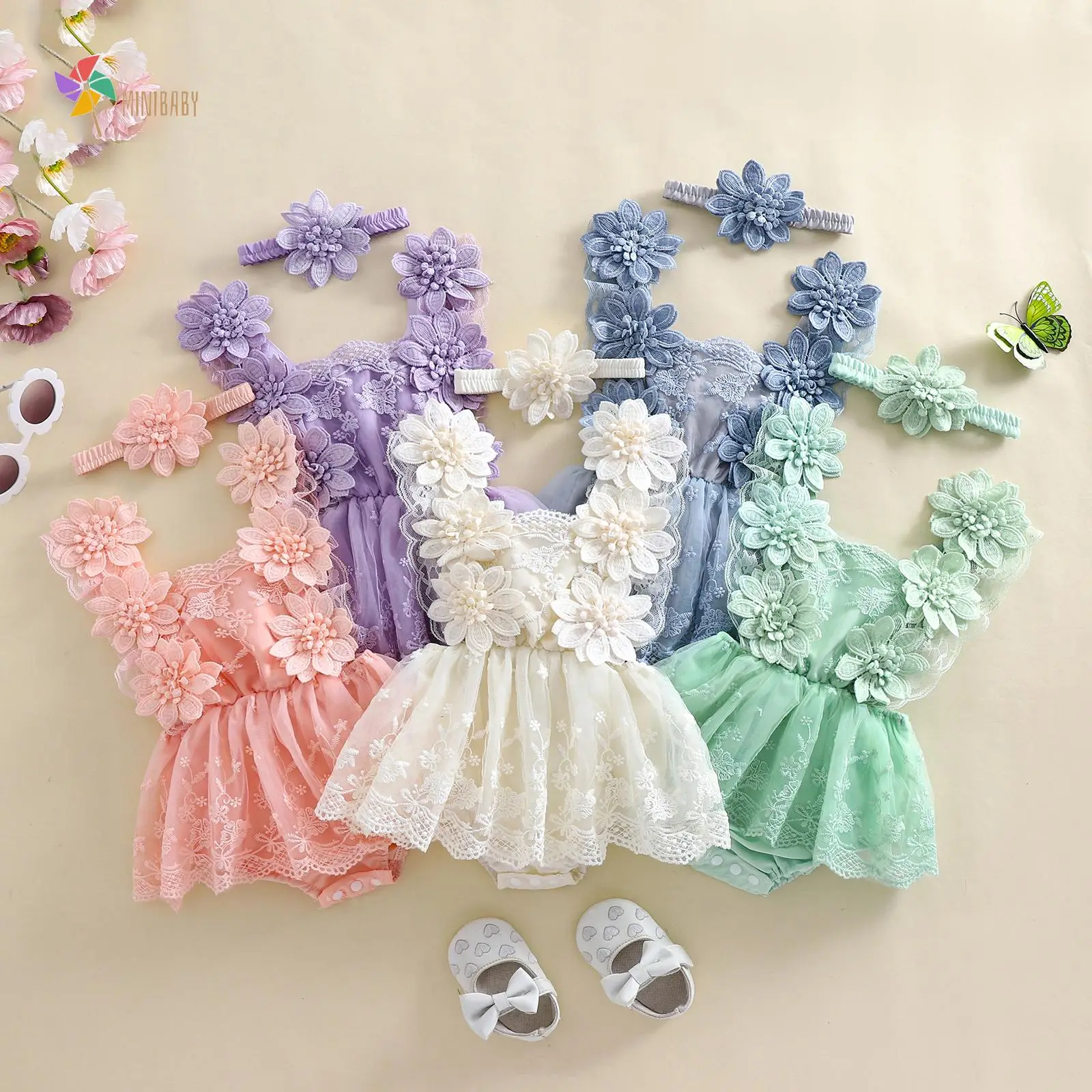 Baby Girl Summer 2 Piece Outfit, Flower Embroidery Tie-Up Mesh Romper Dress Bow Headband Gift Set