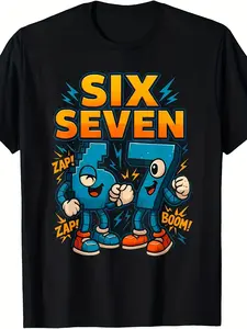 Girls' Italian Brainrot Meme T-Shirt with 6 7 67 Number Design - Casual Short Sleeve Round Neck Top for Spring Summer, Italian Meme Culture Outfit for & Casual Attire, Comfortable Kids Tee for &