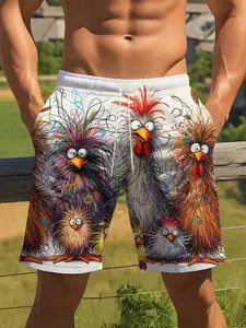 Men's Casual Beach Shorts with Hand-Painted Chick Design, 3D Print and Quick-Dry Fabric, Fashionable Fitted Style for Summer Wear