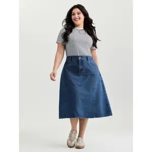 BLOOMCHIC Women's Plus Size Elastic Back Waistband Loose Fit Maxi Denim Skirt [M-6X] - Cotton Rayon Fabric Clothes, Flattering Lady's Bottom with Pocket, 2026 Summer Turn-Up Pick 2026 Summer Vibes