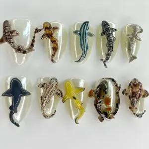 Shark Design Nail Art Charms, 10pcs/set Cartoon Press-on Nails, DIY Nail Art Decoration for Women & Girls, Acrylic Fake Nails, Handmade Acrylic Nails, Nail Art Kits, Acrylic Nails Extension Nail Art Tools