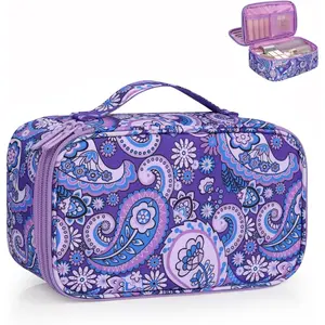 Travel Makeup Bag, Small Floral Cosmetic Bag with Makeup Brush Compartment, Portable Makeup Pouch for Women, Double Layer Cute Toiletry Organizer Bag, Purple Flower