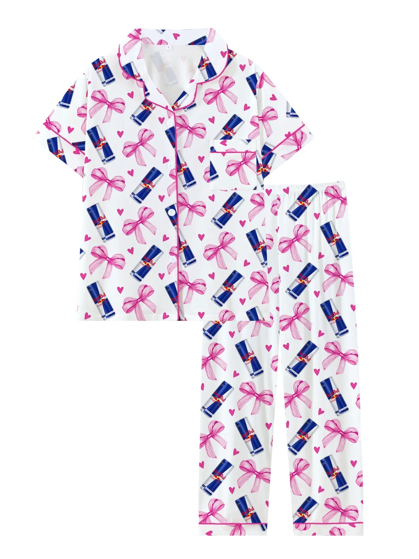 Teen Girls Soda Drink Bull Hooded Short Sleeve Long Pants Pajama Set, Ribbon Pajamas, Comfortable Sleepwear, All Seasons, Cute Gift, Pajama Outfit, Pj Sets