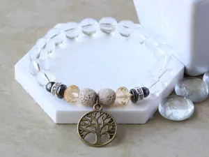 Neutral Stretchy Diffuser Bracelet with Bronze Tree of Life Charm, Clear Glass Beads, Lava Stone Bead Bracelet, Gift for Her.