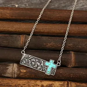 Vintage Square Turquoise Stone Floral Cross Necklace Retro Boho Necklace Jewelry Gift