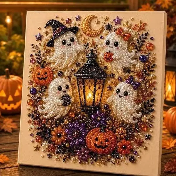 Halloween Diamond Painting Kit with Frame – Cute Ghost & Pumpkin DIY Crystal Art Wall Decor, Sparkling Gem Mosaic Canvas for Halloween Home Decoration & Gift