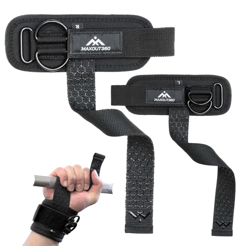 Women's MaxOut360 Dual D-Ring Adjustable Cotton Padded Wrist Lifting Wristband - Unisex Athletic Accessory for Gym Workouts, Powerlifting, Silicone Coating Boosts Bar Control, Black Workout Straps