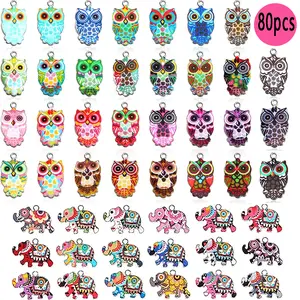 80 pieces of elephant owl jewelry pendant DIY jewelry making earrings, keychains, necklaces, bracelets, pendant accessories, holiday gifts