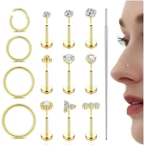 MILACOLATO 14K Plated Gold Filled Nose Rings - 316L Surgical Steel CZ Threadless Studs for Women & Men - Push-in Flat Back Nose Rings for Nostril, Tragus, Helix Piercing