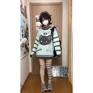 Striped Kawaii Women Sweaters Cartoon Embroidery Harajuku Japanese Fashion Knit Pullovers Loose Cute Winter
