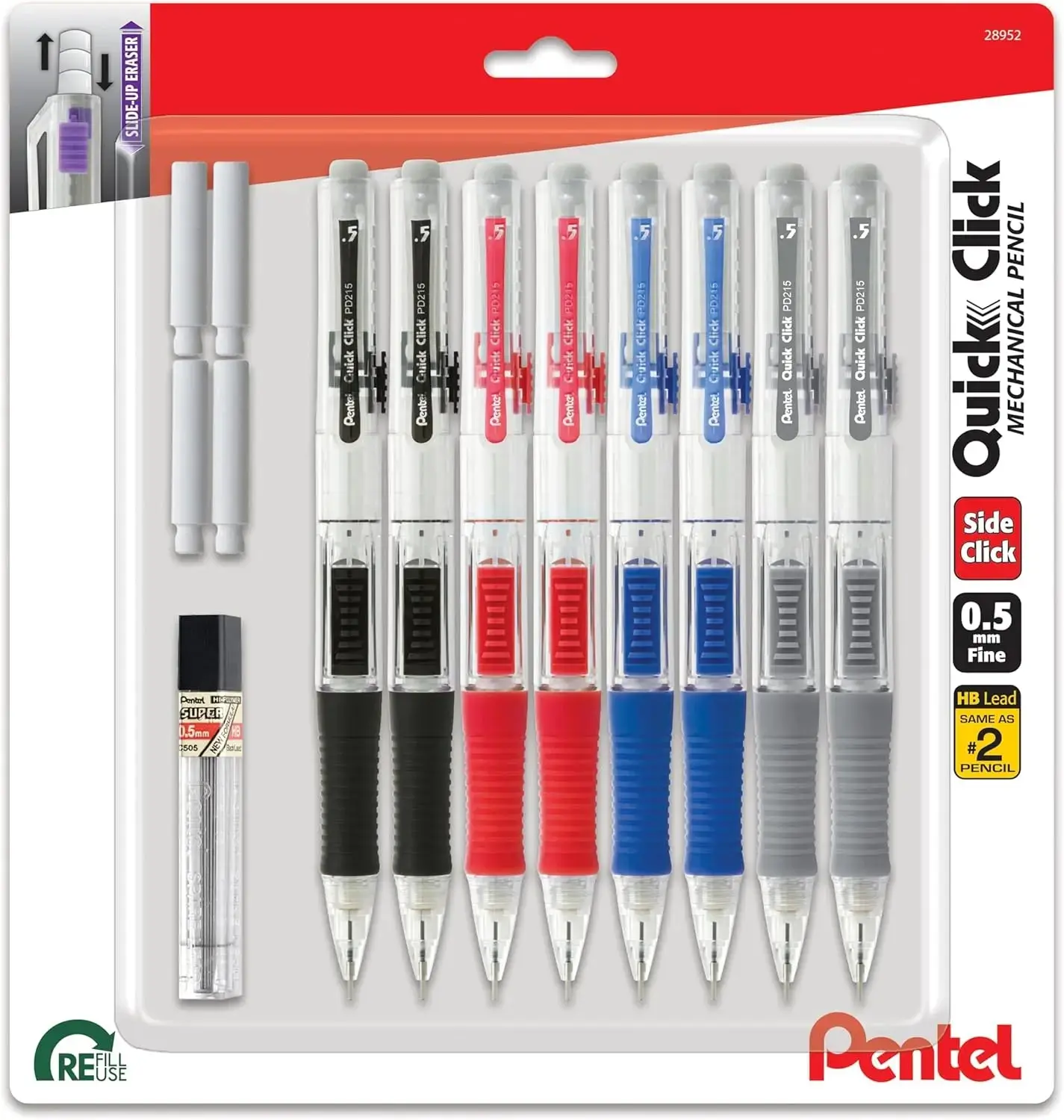 Pentel QUICK CLICK Mechanical Pencil, 0.5mm, Assorted Packs with Lead and Eraser Refills
