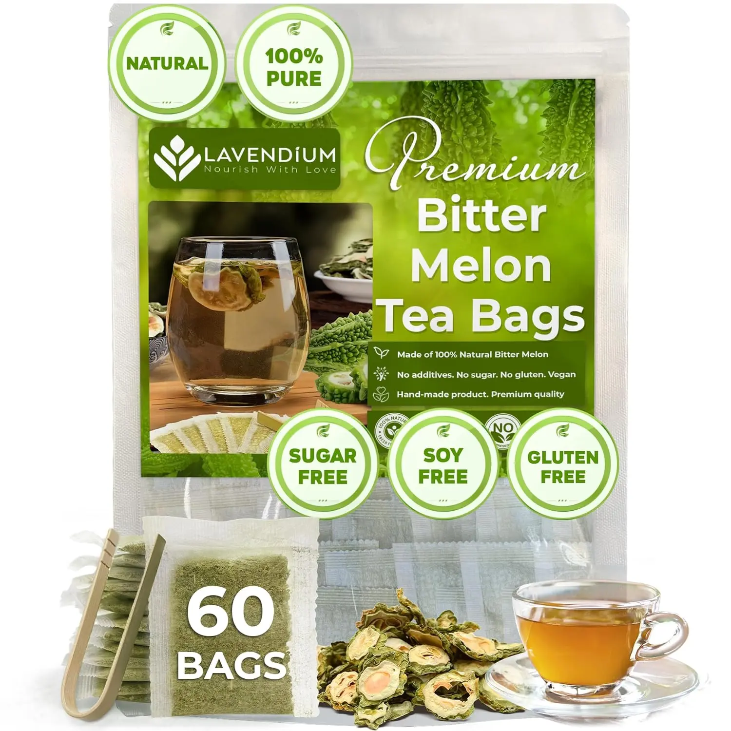 60 Bitter Melon Tea Bags, 100% Natural & Pure Bitter Melon. Bitter Melon Herbal Tea. Bitter-Melon Fruit Tea. No Sugar, No Caffeine, No Gluten, Vegan. Beverage