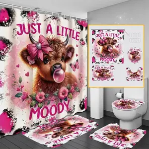 1/4 pc Adorable pink Highland cow and floral design, shower curtain set, non-slip mat, U-shaped rug, toilet seat cover, perfect for bathroom décor, includes 12 shower curtain hooks, Shower Essentials, Bathroom Shower Equipment