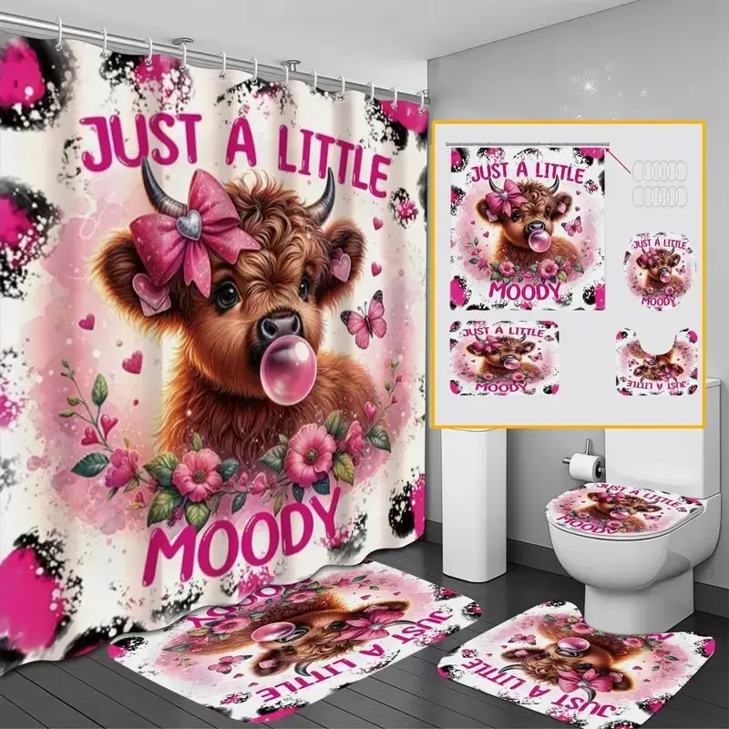 1/4 pc pink Highland cow and floral design, Decorative Shower Curtain set, non-slip mat, U-shaped rug, toilet seat cover, for bathroom décor, includes 12 shower curtain hooks, Bathroom Shower Equipment, Bathroom Decoration Accessories
