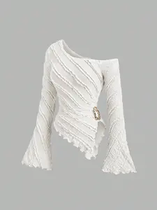 Women's Spring Fall Casual Commuter Travel Comfort Shirt, Textured Fabric, Asymmetrical Hem, Flare Sleeves, Side Metal Decor Design