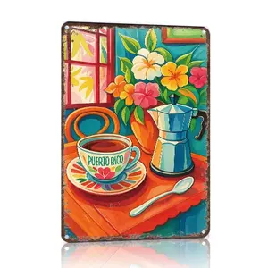 Puerto Rico Coffee Floral Aluminum Metal Sign, 8x12 in Retro Vintage Colorful Art Print, Home Cafe Kitchen Wall Decoration, Room Decor Plaque