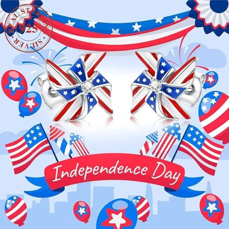 925 Silver 1Pair American Independence Day Windmill Stud Earrings Mini Stud Earrings Independence Day July 4th Patriotic Cute Gift
