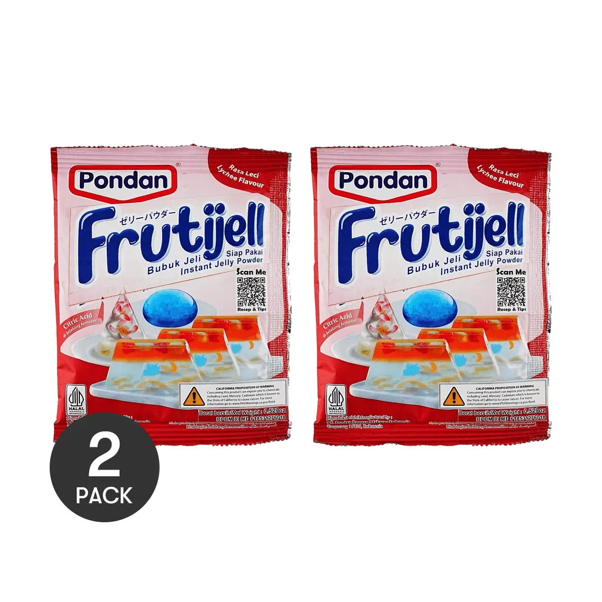 PONDAN Lychee Jelly Powder 2 Pack 15g - Perfect for Fruit Desserts and Bubble Tea Toppings
