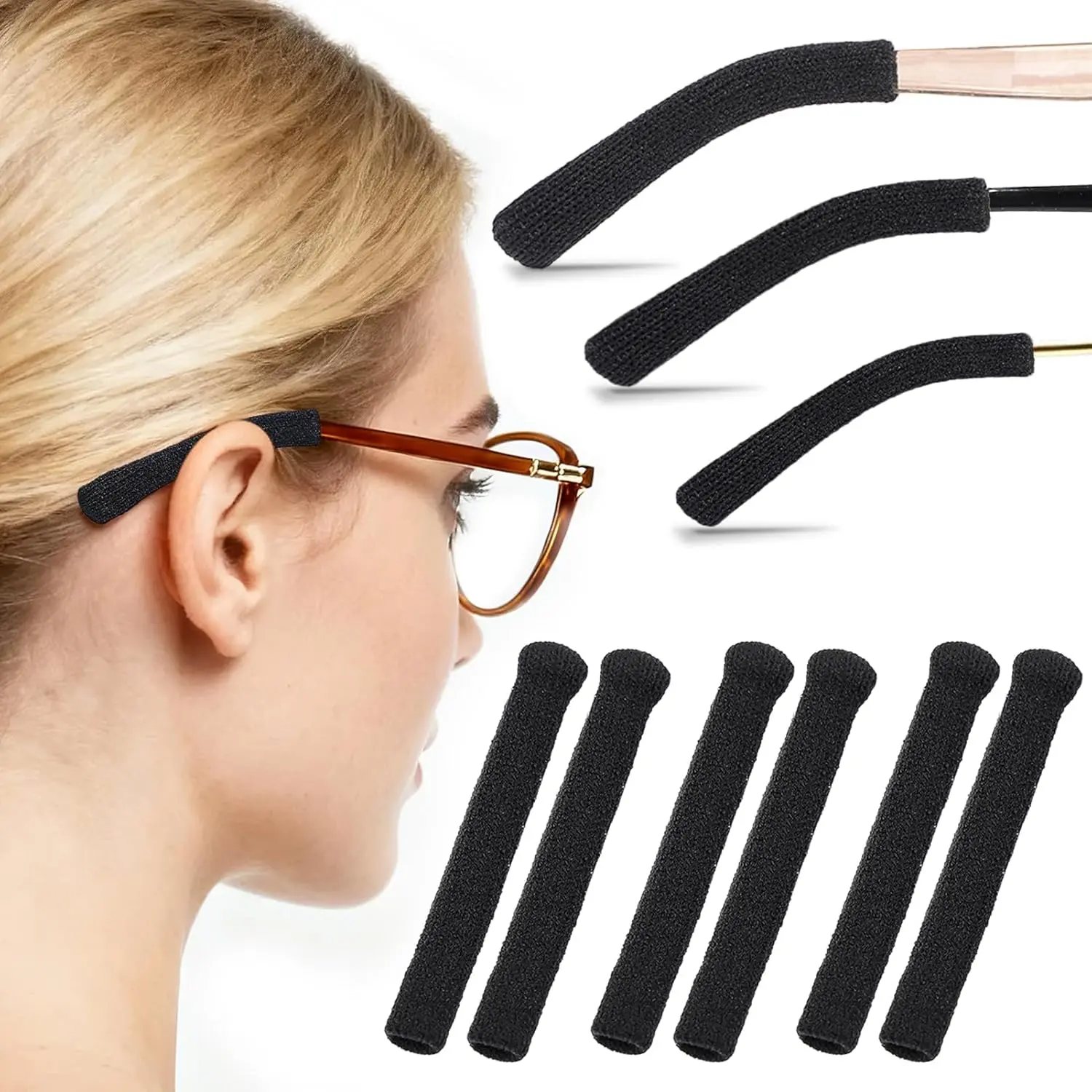 Plain Knitted Cotton Eyeglass Temple Sleeves - 3 Pairs, 2-in-1 Protection, Non-Slip Structure, Breathable, Sweat-Wicking, Soft, Ear Soreness Relief, Everyday Comfort, Fits 0.12-0.39 Inch Arms, Safety Goggles, Independently Packaged, Casual, Comfortable, D