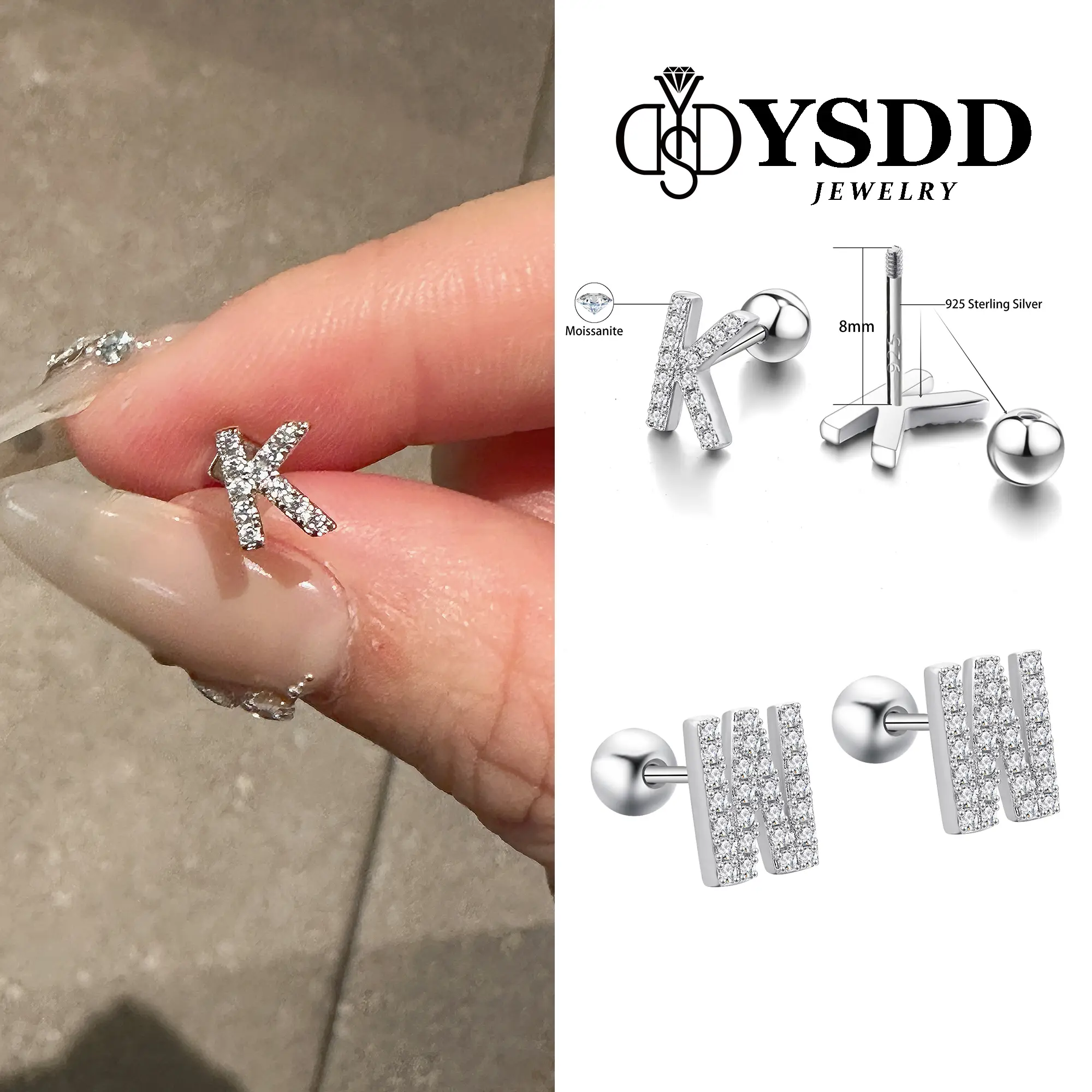 【#328 Initial Studs】Screw Back 925 Sterling Silver Synthetic Moissanite Letter stud earrings for Women Letter Stud Earrings DIY Earrings for Gilrs Ini