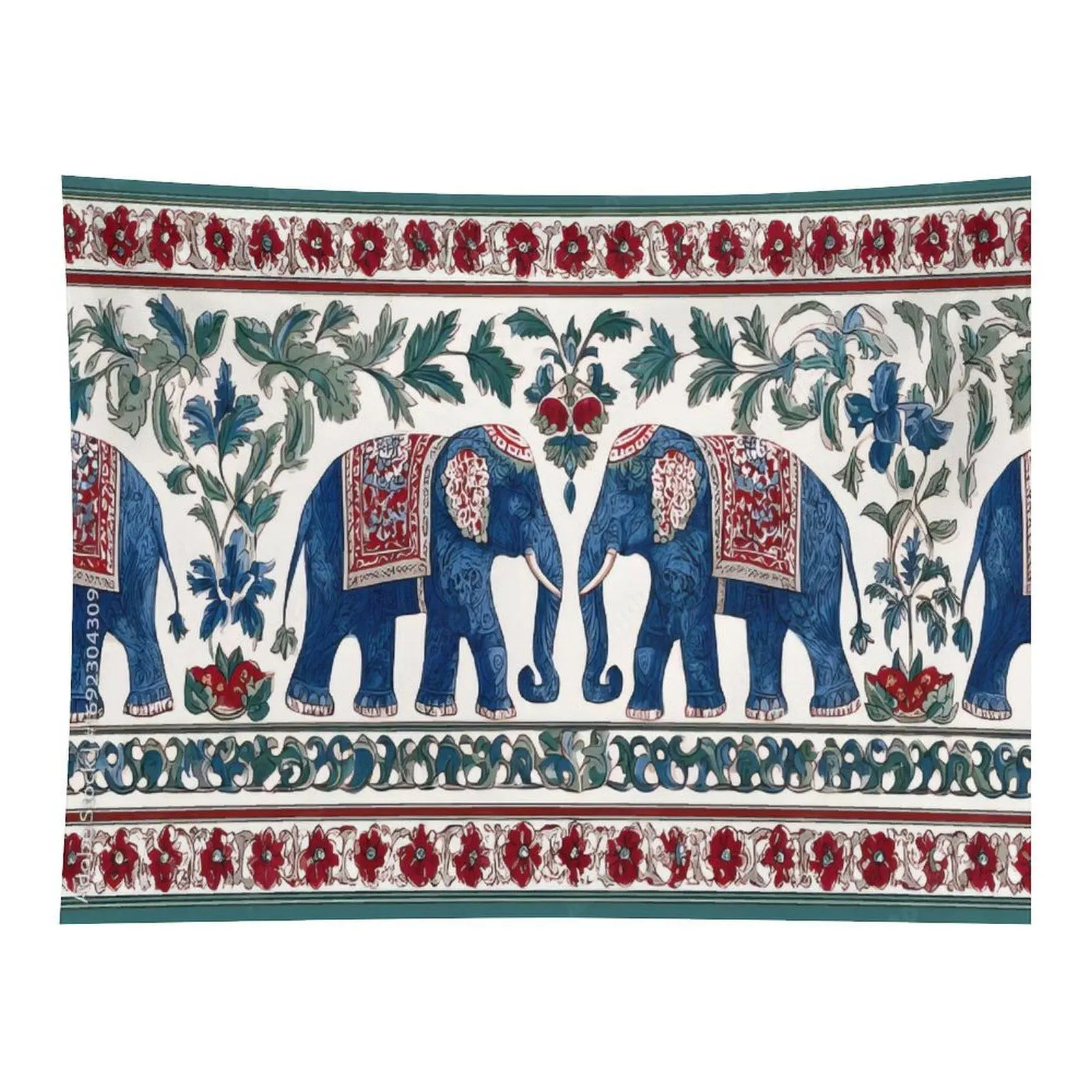 Traditional Indian Blue Elephant Floral Border Pattern Tapestry Ethnic Vintage Ornament Wall Art For Boho Living Space Home Decoration
