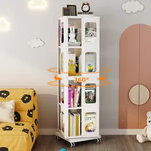 【Bellemave】4-Tier All-Steel Rotating Bookshelf with 360 °   Wheels, Large Size Sturdy & Spacious Book Rack, New Style White Bookshelf,Easy Assembly