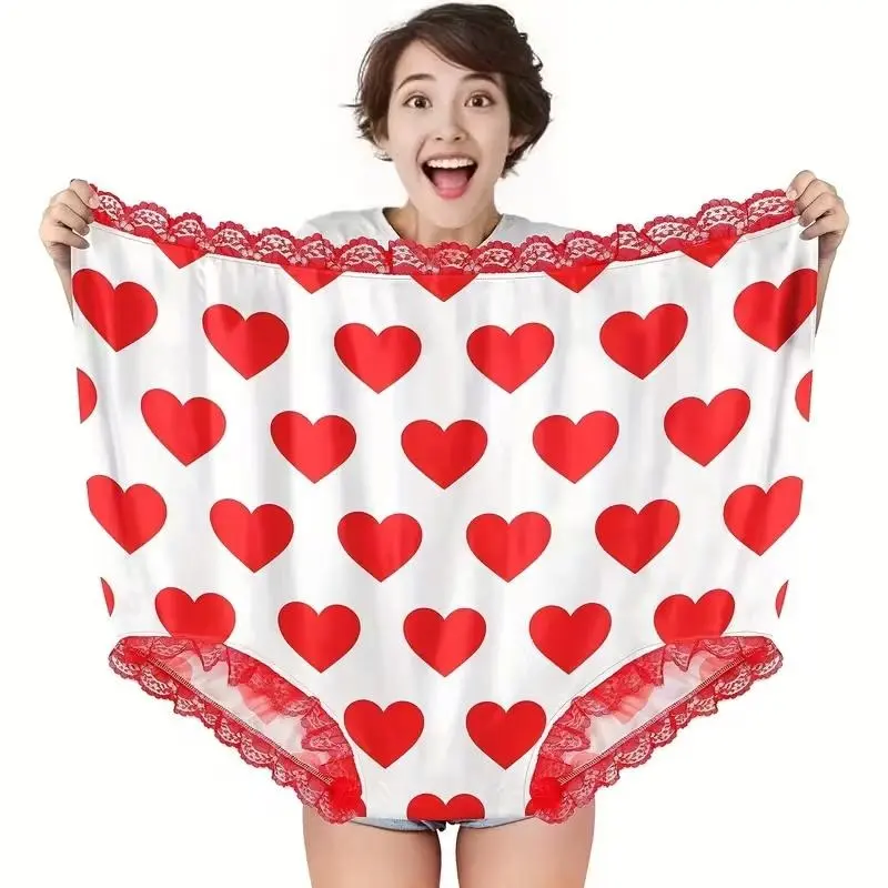 Unisex Giant Plus Size Loose Underwear for Women & Granny, Bold Leopard Print Lace Trim Panties with Red Heart-Twist Detail (1 Pc) - Instant Laugh Prop, Party Prank Accessory