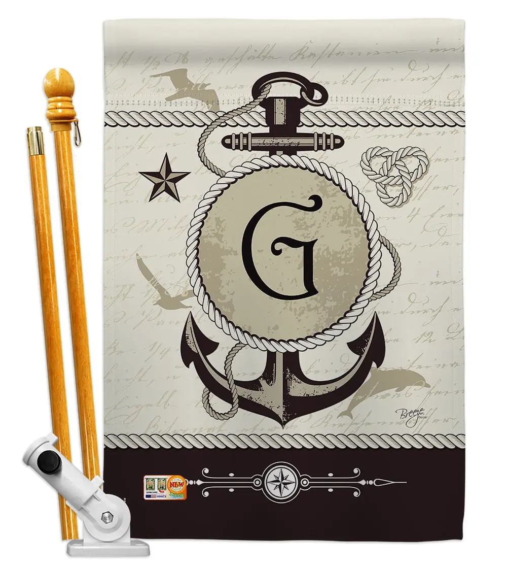 Breeze Decor BD-NA-HS-130189-IP-BO-D-US14-BD 28" x 40" Nautical G Initial Coastal Impressions Decorative Vertical Double-Sided 1 Pc X Large House Flag Set with Adjustable Angle Wall Mount Pole Bracket Hardware