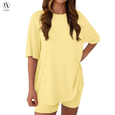 AUTOMET Women's 2-Piece Matching Set, 2026 Summer Minimalist Basic Round Neck Oversized Loose Baggy Casual Shirt & Biker Shorts, Women's Clothes Outfits, 2 Piece Sets, Women 2 Piece Sets