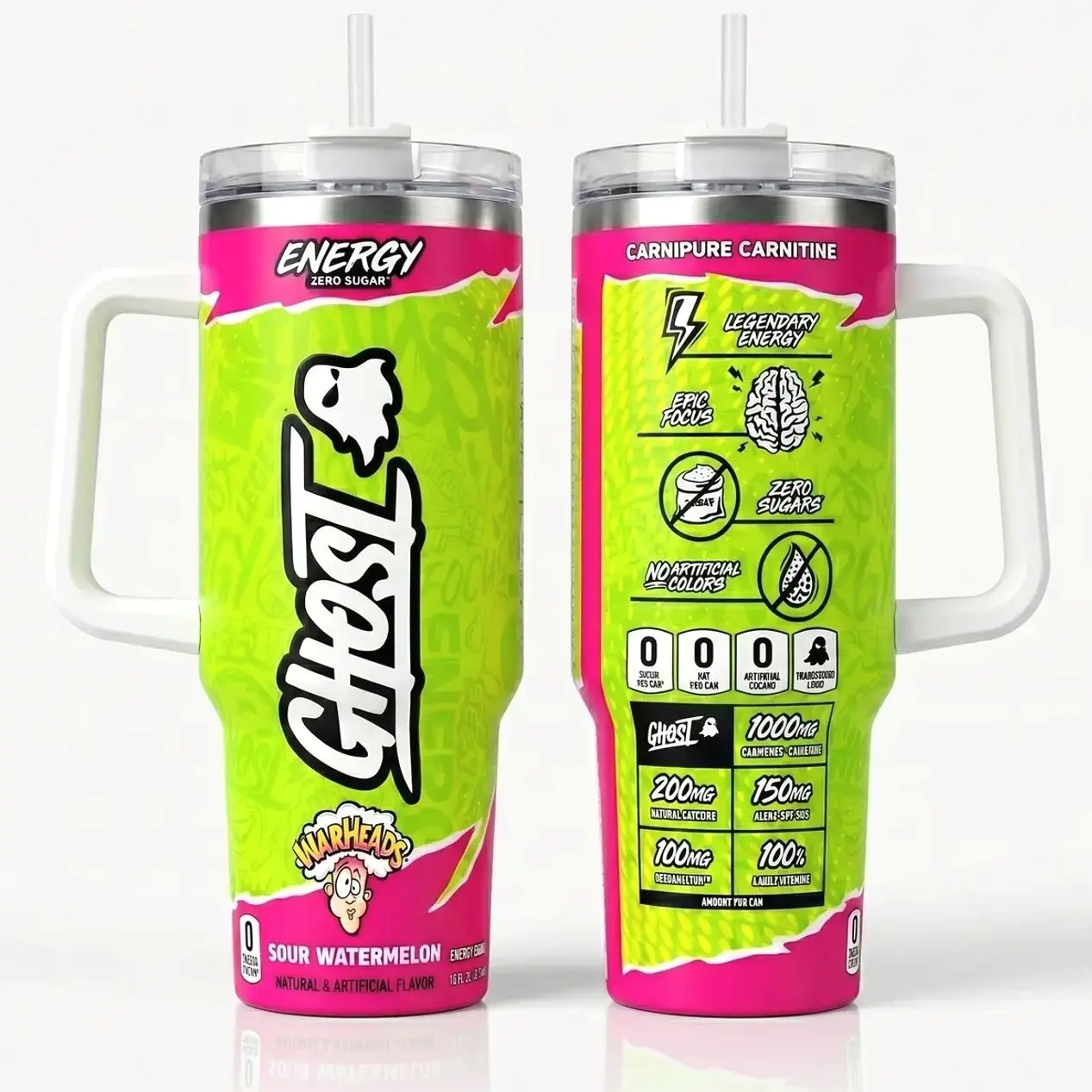 Ghost Energy Warheads Inspired 40oz Tumbler with Handle and Straw, Sour Watermelon Neon Gym Water Bottle, Stainless Steel Insulated Travel Mug, Ghost Energy Can Replica Cup, Fitness Energy Drink Fan Gift, Neon Pink Green