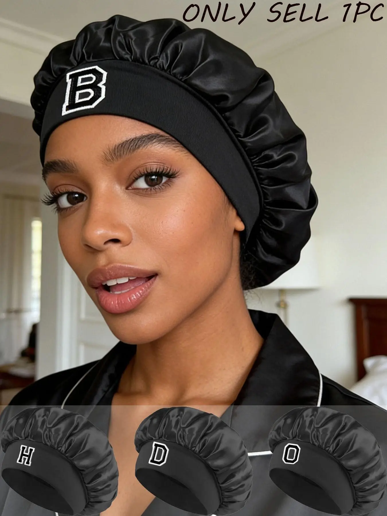 Black Satin Sleep Bonnet with A-Z Embroidered Letter, Personalized Hair Cap for Curly Natural Hair, Anti-Frizz Night Headwrap for Women