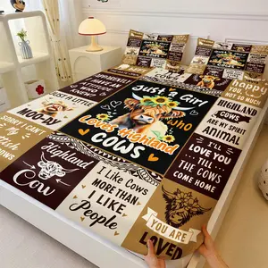 Charming Highland Cow Fitted Sheet Set, 1 Bed Sheet & 2 Pillowcases, Fluffy Microfiber Bedding, Whimsical Cow & Sunflower Pattern, All Season Bedding for Farmhouse Bedrooms,  Perfect for Long-Term Use