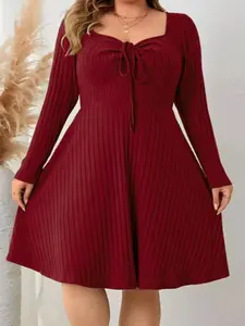 Elegant Long Sleeve Square Neck Dress, Olive Vertical Striped Knit Waist Cinching, A-Line Skirt for Fall & Winter